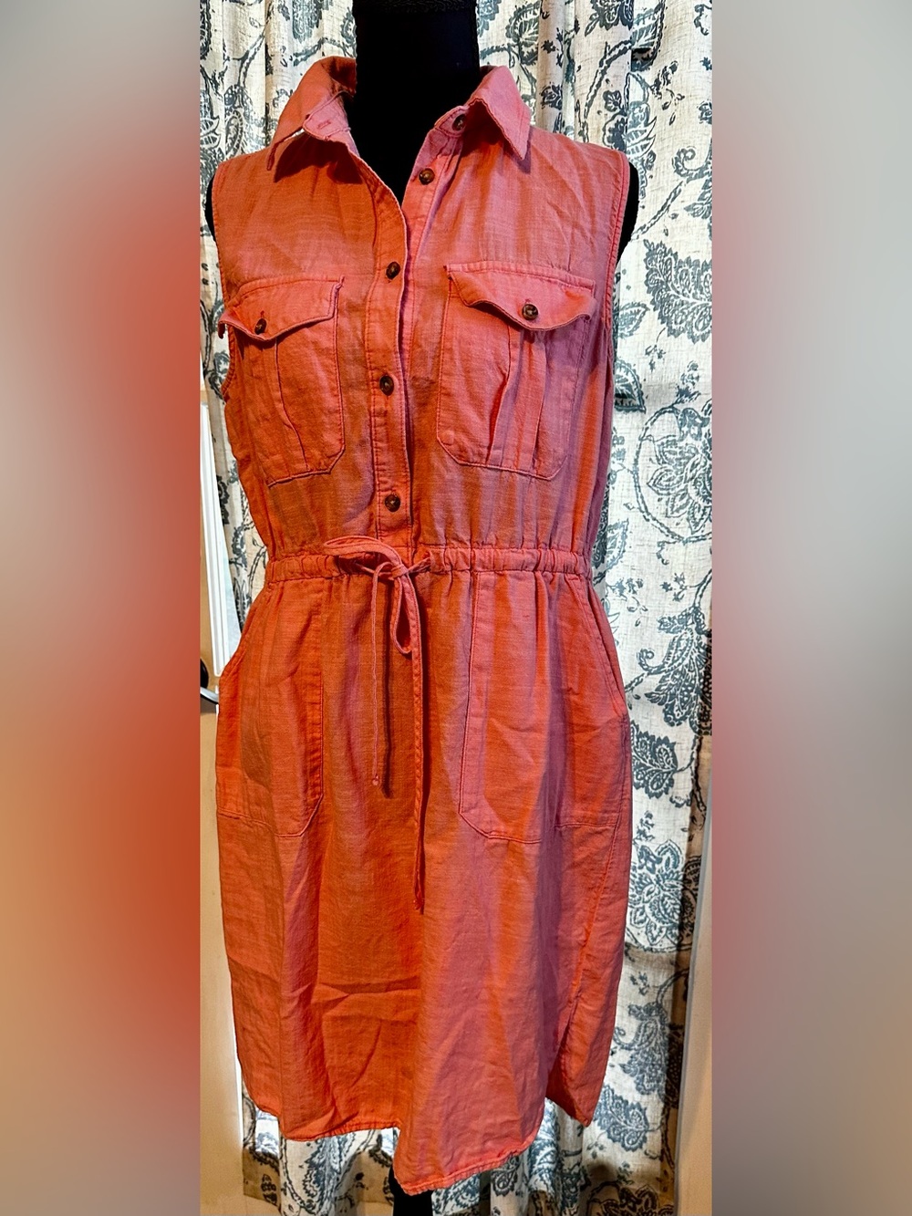 Time and Tru Coral Sleeveless Button-Front Midi Dress with Drawstring Waist